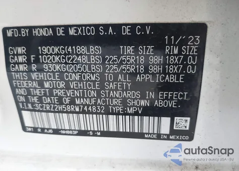 2024 Honda Hr-V Awd Sport/Awd Sport W/O Bsi from USA, damaged, VIN 3CZRZ2H58RM744832